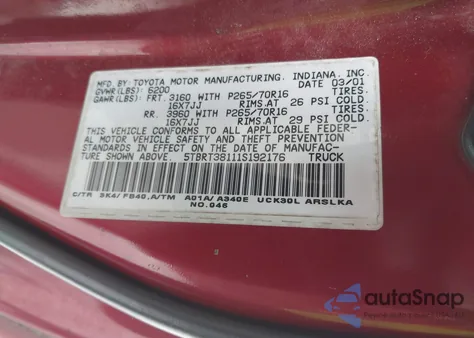 2001 Toyota Tundra Ltd V8 z USA, uszkodzony, nr VIN 5TBRT38111S192176